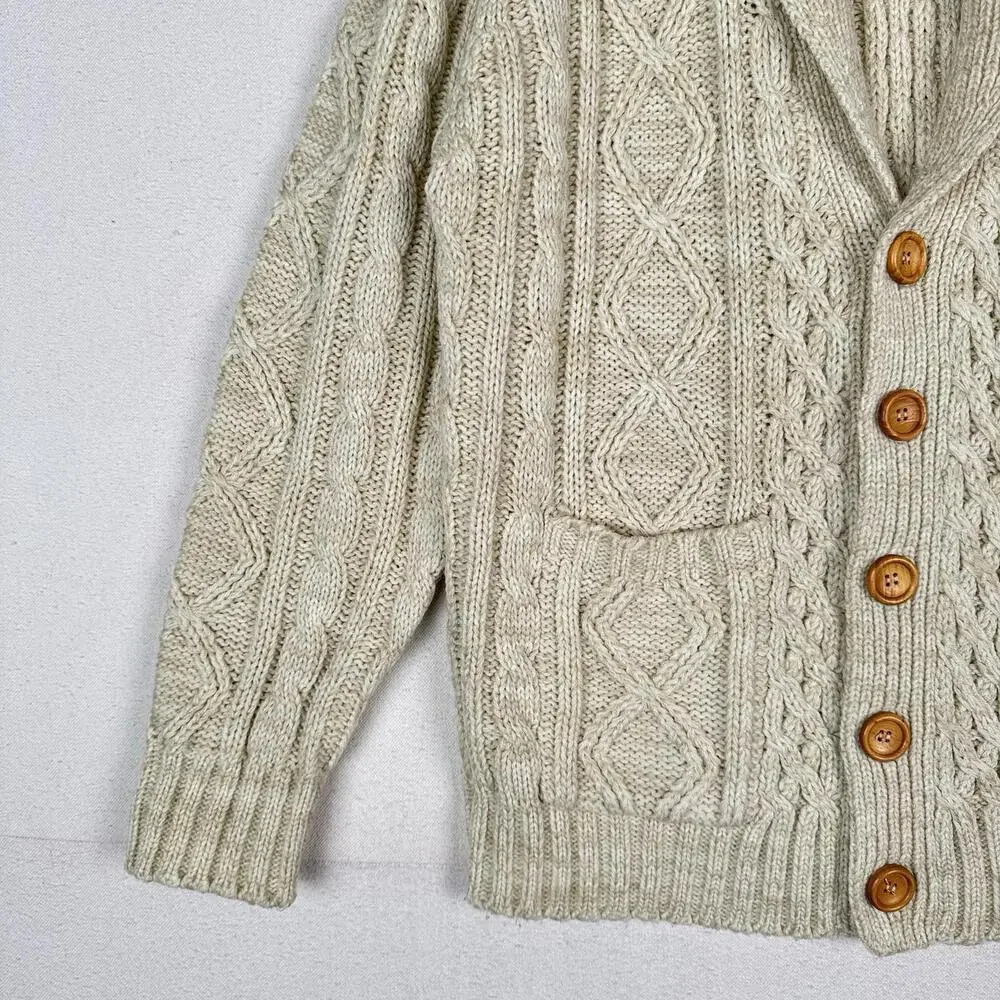 Vintage Thane Men’s Fisherman Cable Knit Cardigan Sweater Acrylic Cream‎ Medium